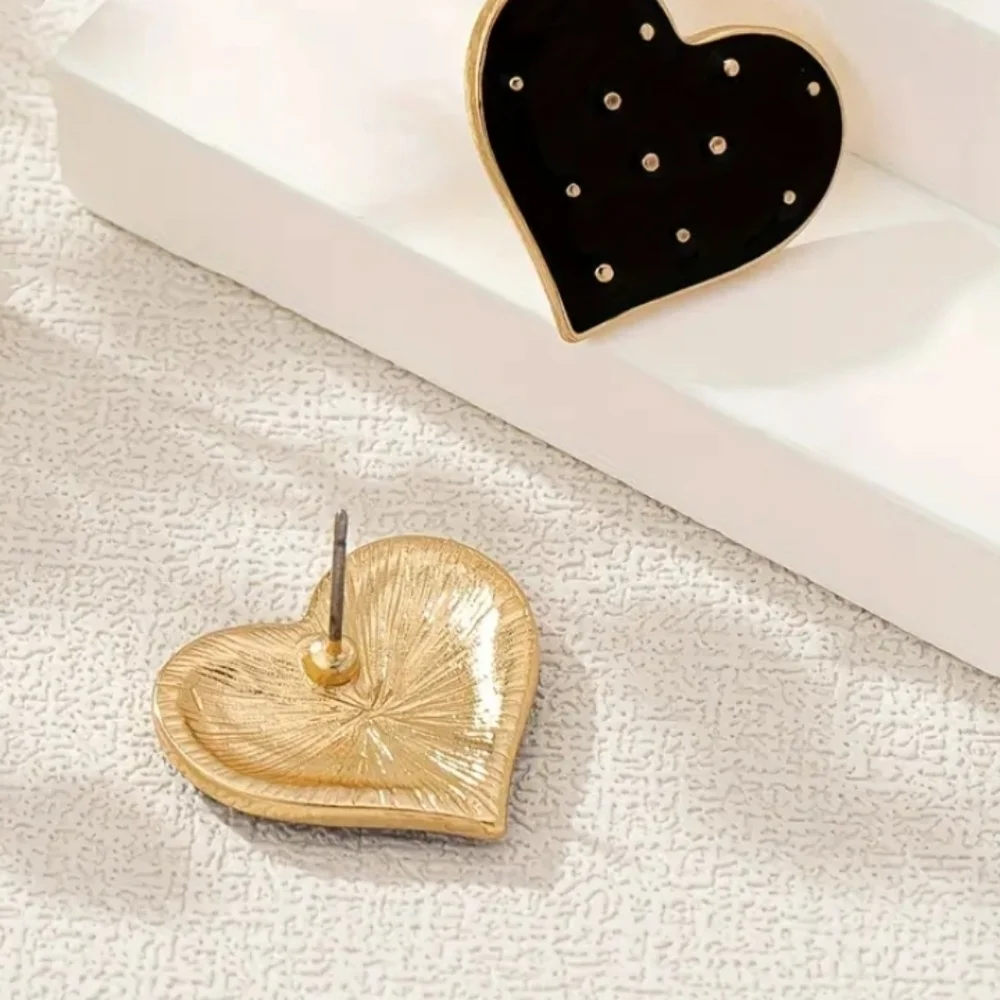 Black Heart With Gold Polkadots Stud Earrings 14k Gold Plated
